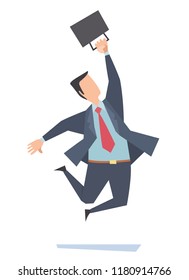 Businessman jumping with happiness. Vector illustration of a cheerful office worker with a briefcase.