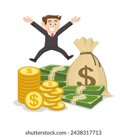 Businessman jumping with happy on money. business income success concept,
Flat, Poster, Vector, Illustration, Cartoon, EPS10.