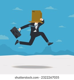 Businessman jumping with head hiding in cardboard design vector illustration