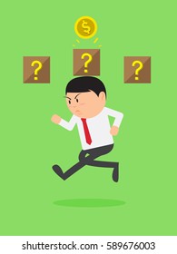 Businessman jumping header bricks for coins.