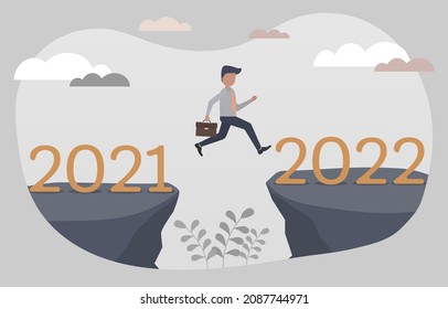 Businessman jumping high above two mountains 2021 to 2022. Concept of transition from 2021 to 2022. Going forward, Hopes, Goals, Overcoming, obstacles and problems.