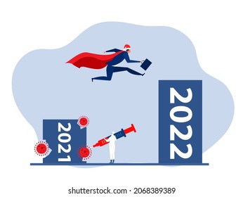 Businessman is jumping high across two bar graph to change year. Change year 2021 to 2022 after Covid 19, vector illustration