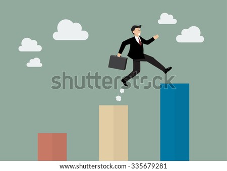 Businessman jumping up to a higher bar chart. Business concept