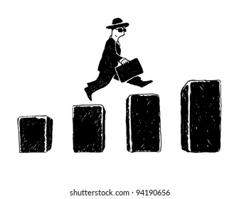 Businessman jumping up to a higher cube