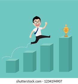 Businessman jumping up to a higher cube with winning trophy. Concept of leadership, success and victory in business