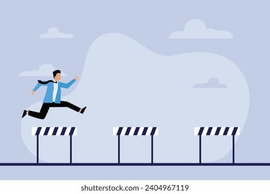 Businessman jumping higher over hurdles 2d flat vector illustration