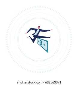 A businessman jumping higher over us dollar. Business concept.