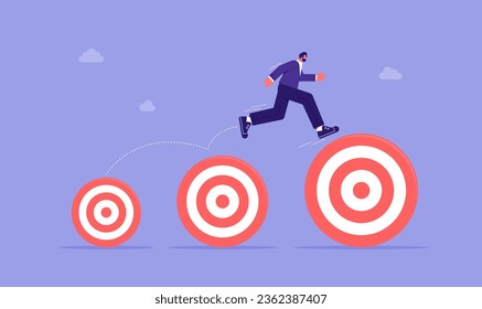 Businessman jumping up higher target career goals, aspiration and motivation to achieve bigger business target, advancement in career or business growth concept