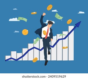 Businessman jumping with joy at business success. Vector illustration. Business concept or financial independence.