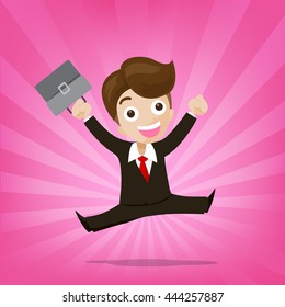 Businessman jumping with joy on sunburst pink background vector illustration eps10