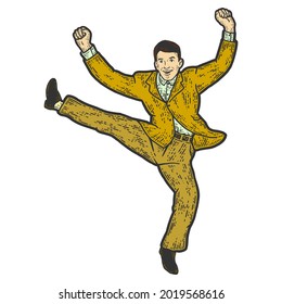 Businessman jumping for joy. Sketch scratch board imitation color.