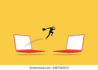 Businessman jumping from laptop to new laptop metaphor of often changing job. concept of opportunity, hope, new career and success