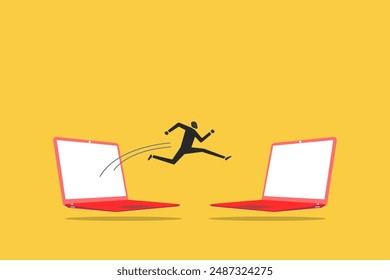 Businessman jumping from laptop to new laptop metaphor of often changing job. concept of opportunity, hope, new career and success