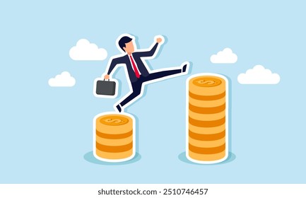 A businessman jumping from a low coin stack to a higher one, Illustration concept of Efforts to boost or increase a business profit