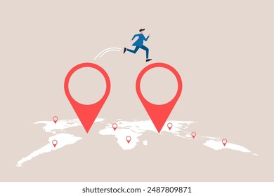 Businessman jumping from map navigation pin to new one metaphor of relocation. concept of Business start up, move office to new address or transfer to new location