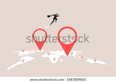 Businessman jumping from map navigation pin to new one metaphor of relocation. concept of Business start up, move office to new address or transfer to new location