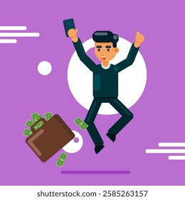 Businessman jumping with money in his hand. Flat design vector illustration.