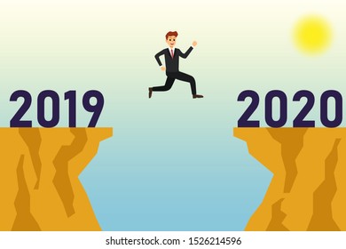Businessman jumping to the new year 2020. Vector illustration.