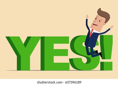 Businessman jumping next to yes. Vector illustration