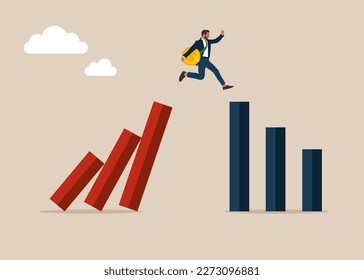 Businessman jumping off the falling chart. Investment financial crisis.  Modern vector illustration in flat style