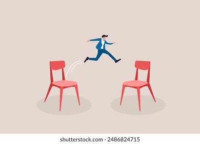 Businessman jumping from office chair to new office metaphor of often changing job. concept of opportunity, hope, new career and success