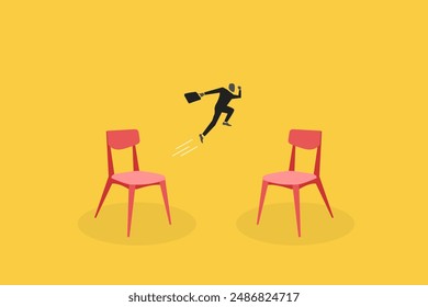 Businessman jumping from office chair to new office metaphor of often changing job. concept of opportunity, hope, new career and success