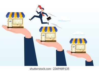 Businessman jumping on bigger franchise shop, expand storefront growing business, franchise license or business growth opportunity, marketing to improve retail store and achieve success (Vector)