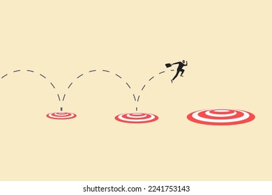 Businessman jumping on bigger target, successfully. concept of goal, achievement, advancement in career or business growth concept. Aspiration and motivation.