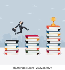 Businessman jumping on books stack and the trophy is on top of the last books stack vector