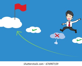 businessman jumping on clouds to victory. Funny businessman vector style..