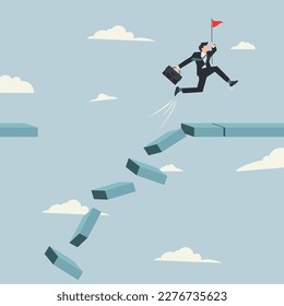 Businessman jumping on collapse bridge to reach target. Survive and success in crisis concept