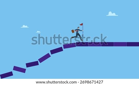 Businessman jumping on collapse bridge to reach target. Survive and success in crisis, taking risk to thrive and succeed, courage or confidence to achieve target, effort to overcome challenge.