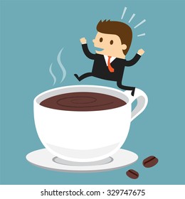 Businessman jumping on the cup of coffee