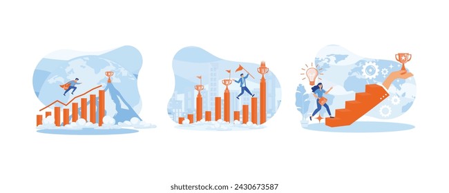 Businessman jumping on the graph to goal. Business idea.  Inspiration for success. Set flat vector modern illustration 