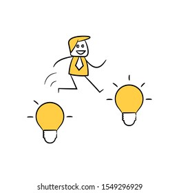 businessman jumping on light bulbs yellow doodle stick figure design