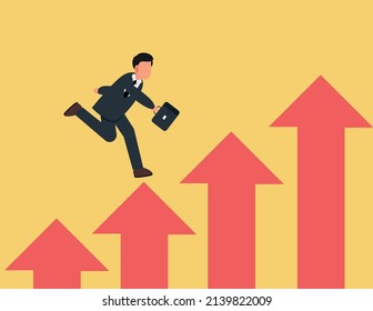 Businessman Jumping On Moving Up Bar Graph With Rising Up Arrow As Ladder Of Success.economic Prosperity, Business Profit Growth 