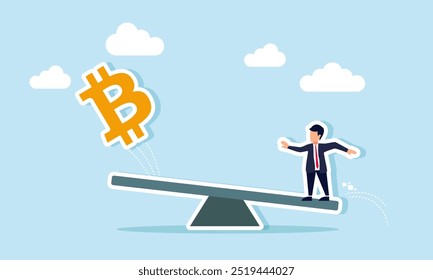 Un hombre de negocios saltando en un lado de un balancín, haciendo que bitcoin rebote desde el otro lado, ilustrando el aumento en la valoración de bitcoin debido al movimiento del mercado y la demanda