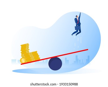 Businessman jumping on see saw and money . Career progression and investment, idea. Business startup concept.