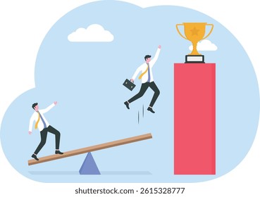 Businessman jumping on seesaw help another reaching for stars, achieving goals together

