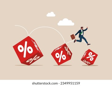 Businessman jumping from on smaller cube block with percentage symbol icon . Reduced interest, financial and mortgage rates. Modern vector illustration in flat style. 