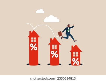 Businessman jumping from on smaller interest rate. Reduced interest rate real estates, investment, construction,  mortgage. Modern vector illustration in flat style. 