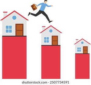 Businessman jumping from on smaller interest rate. Reduced interest rate real estates, investment, construction, mortgage. Modern vector illustration in flat style.

