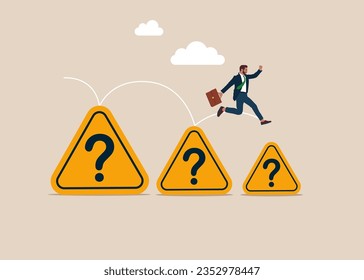 Businessman jumping from on smaller question mark. Reduced problem and questions. Modern vector illustration in flat style. 