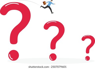 Businessman jumping from on smaller question mark. Reduced problem and questions. Modern vector illustration in flat style.

