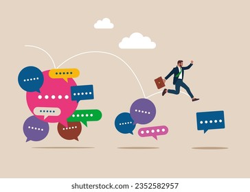 Businessman jumping from on smaller speech bubbles. Reduced Discussion. Conversation, meeting, team communication, colleague chatting, opinion. Modern vector illustration in flat style. 