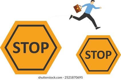 Businessman jumping from on smaller stop sign. Reduced important news, danger situation. Modern vector illustration in flat style.

