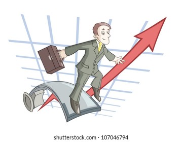 The businessman is jumping on springboard