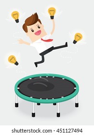 businessman jumping on trampoline and catch light bulb ideas. fun and relaxing