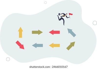 businessman jumping on uncertainty random direction arrows.flat vector illustration.