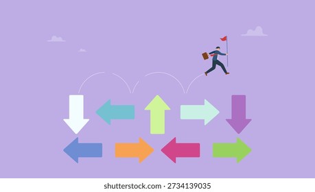 Businessman jumping on uncertainty random direction arrows. Overcome uncertainty, make decision or determination to achieve success, adversity or courage to solve problem or difficulty.